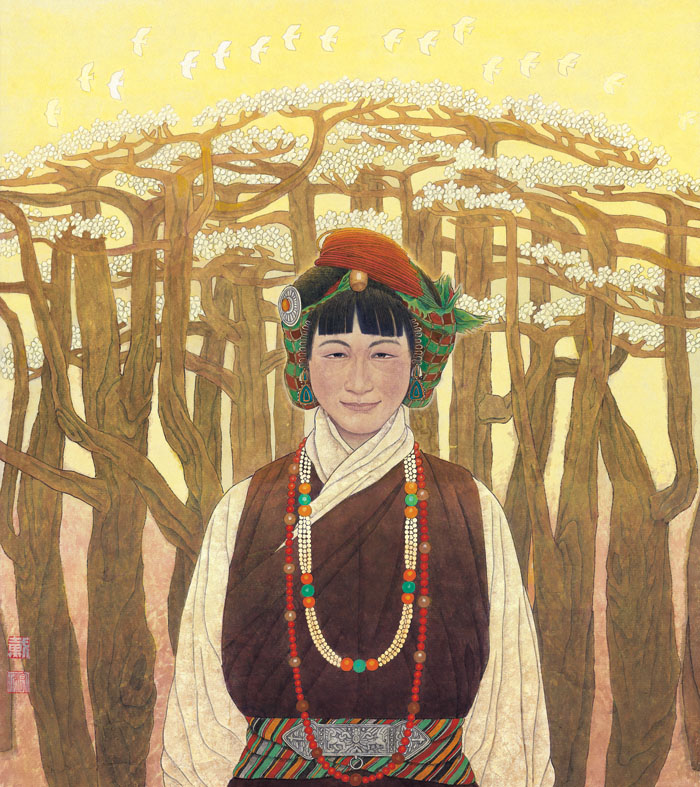 康巴女 中国画 61×55cm  纸本重彩  2000